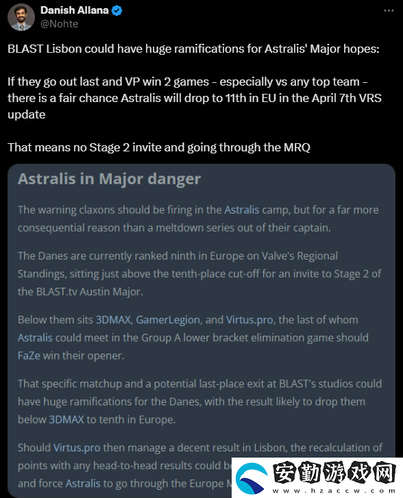 岌岌可危！Astralis或無(wú)緣BLAST.tv奧斯汀Major直邀